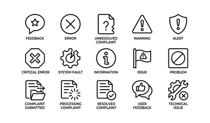 Fototapeta premium Set of status and complaint icons with labels on white background