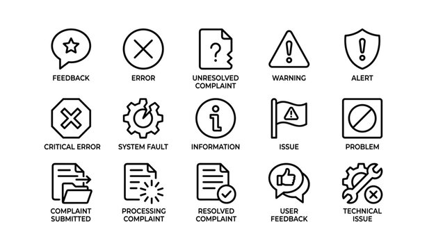 Set of status and complaint icons with labels on white background