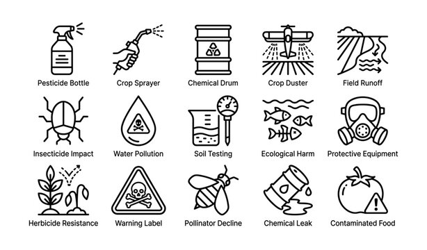 Agricultural chemical icons showing pollution impact and safety