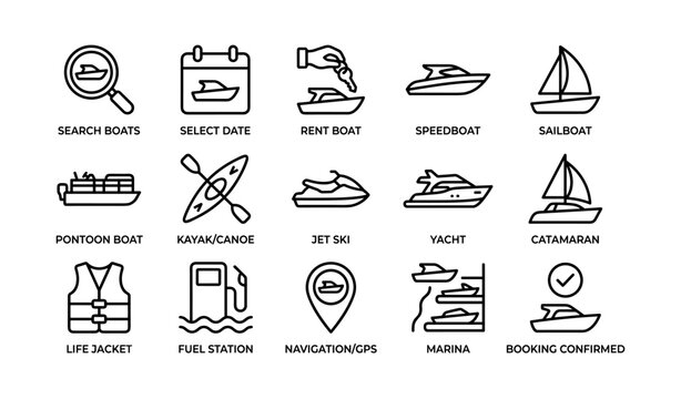 Boat rental icons showing vessel types and marine services on white