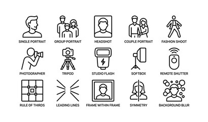 Fototapeta premium Portrait and studio icons showing equipment and techniques on white