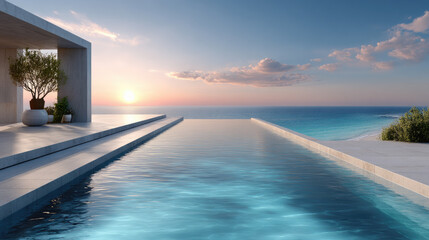 Fototapeta premium Luxury resort infinity pool reflecting a vibrant sunset over a tranquil tropical ocean, emphasizing a serene summer escape and exclusive vacation destination