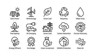 Fototapeta premium Sustainability icons displayed in grid on white background