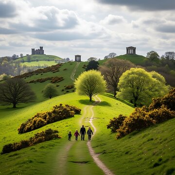 Family hikes rolling green hills dotted with yellow gorse and ancient ruins