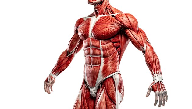 Detailed 3D anatomical rendering of the human muscular system, illustrating the complex structure of muscles vital for movement, strength, and physiological understanding