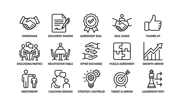 Business agreement icons showing negotiation and leadership concepts