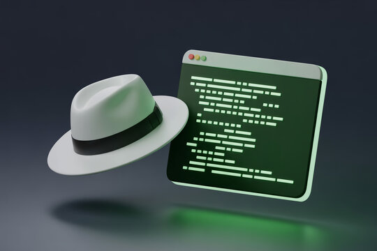 Grey fedora hat, computer screen, coding, green code on dark background, programming concept