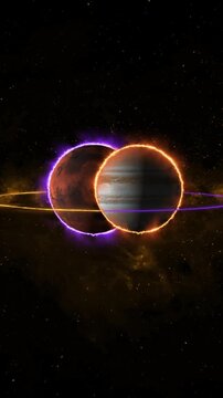 Two planets glow in space with purple and orange auras. Planet animation cosmic visuals. Planet animation for space projects and futuristic science fiction environments.