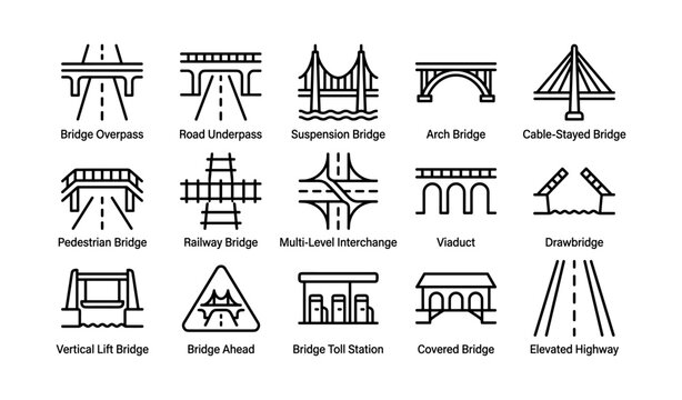 Various bridge types and road interchange icons in grid
