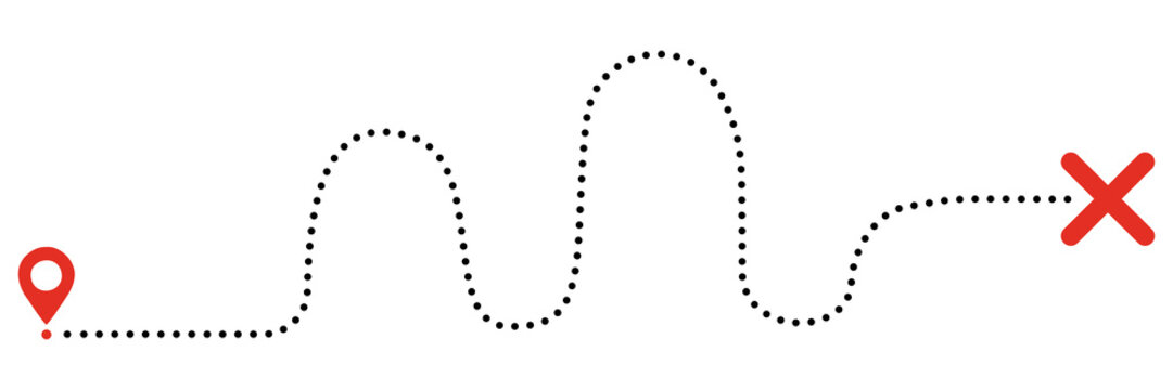 Treasure map with red cross mark and dotted trail. Ancient quest route with dashed path line. Vector illustration isolated on white.