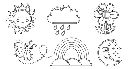 Obraz premium Colorful flat illustration featuring sun, cloud, flower, bee, rainbow, and moon, showcasing cheerful elements of nature and weather in a playful design for childrens art