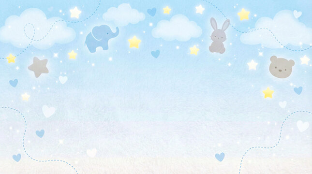 Soft blue baby background with animals clouds and hearts frame