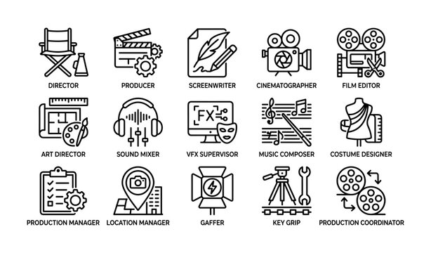 Film production crew role icons arranged in a grid on white