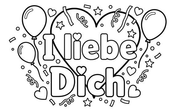 Heart-shaped illustration with balloons and confetti, featuring the phrase "I liebe Dich," perfect for Valentine's Day celebrations and romantic expressions of love
