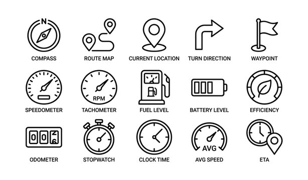 Navigation and vehicle icons arranged in grid on white background