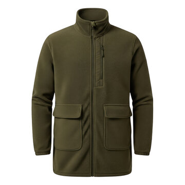 Olive green tweed double-breasted peacoat with belted waist and button details