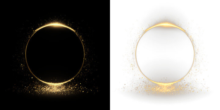 Golden circle with sparkles isolated on transparent and black background, for design and creative projects, light overlay, PNG