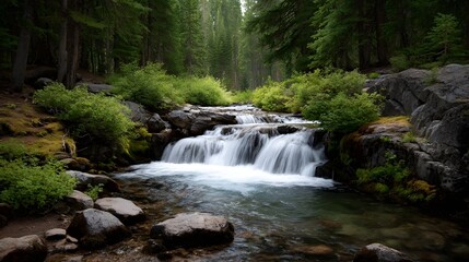 Fototapeta premium A cascading stream flows gently over moss covered rocks through a dense temperate forest