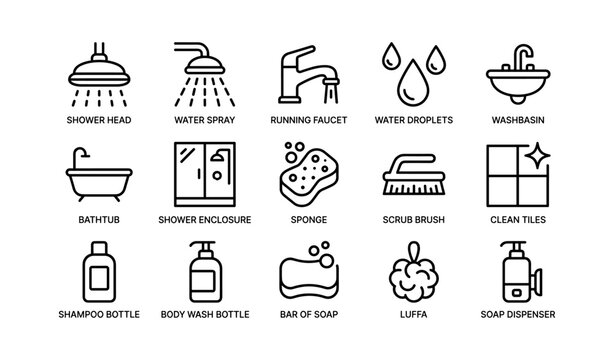 Bathroom and cleaning icons arranged in grid on white background