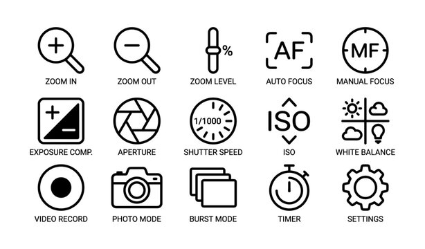 Camera control and exposure icons arranged in grid on white