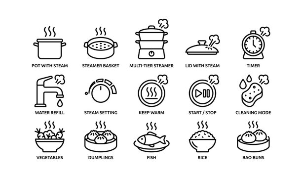 Kitchen steamer function and food icons in grid layout