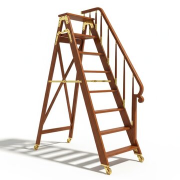 A sturdy wooden rolling ladder with wheels and a handrail for safe access to high shelves daily