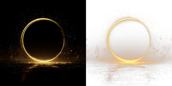 Bright circular light with sparkles isolated on transparent and black background, showing light effects, light overlay, PNG