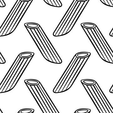 Penne rigate pasta, feather-shaped quill pasta, simple black and white pattern in doodle and sketch style. Minimalist repeat for pasta boxes, cafe wallpaper or kitchen textiles