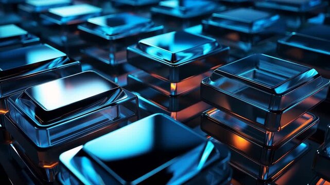 Cubes of glass reflect dark colors and glowing lights in a nighttime space. These shapes interact with light, creating interesting patterns and reflections on the surface.