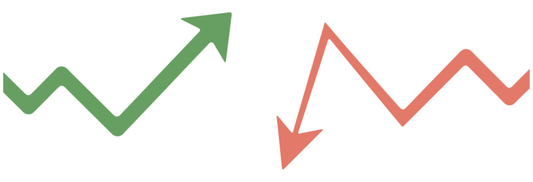 Green upward trending graph and red downward trending graph, representing financial growth and loss.