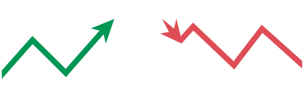 Green upward trend arrow and red downward trend arrow, symbolizing financial market fluctuations.