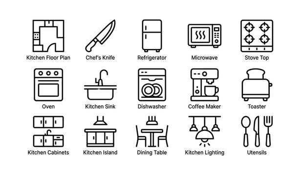 Kitchen appliance and layout icons showing fixtures and fittings