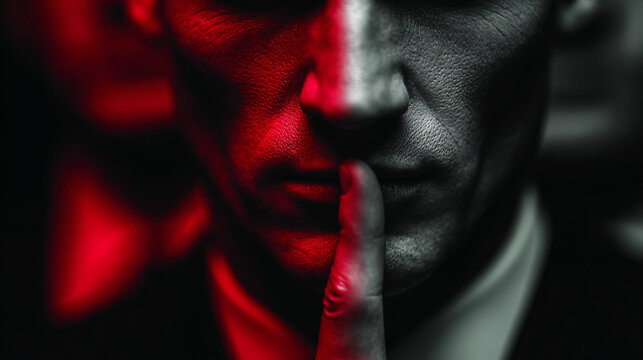 Trust in government shown through a figure holding a finger to his lips in a serious and intense manner at night