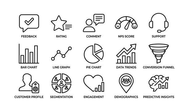 Feedback and analytics icons showing user metrics and charts