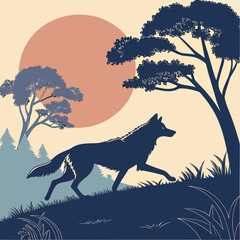 Obraz premium Stylized wolf silhouette walking through forest landscape at sunset