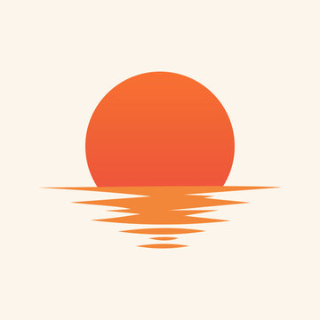 Orange sun over calm water with reflection minimalist vector background
