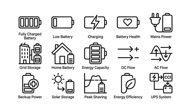 Battery and energy storage icons arranged in a grid on white background