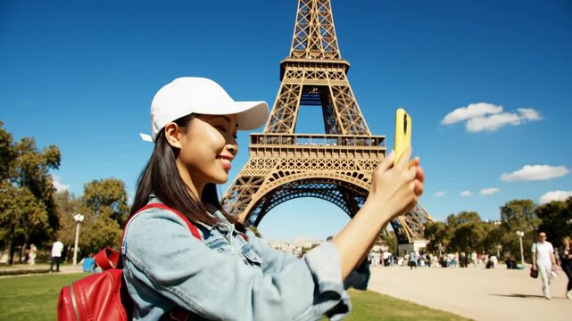Smiling young woman taking selfie at Eiffel Tower in Paris