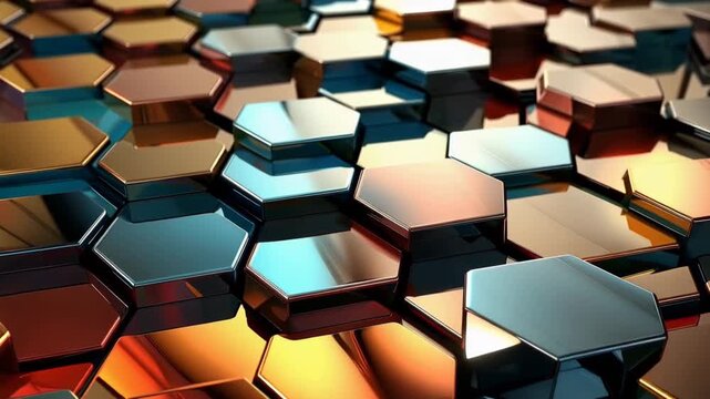 Colorful hexagonal shapes fill the screen, shifting and changing as light reflects off surfaces. The arrangement changes in a flowing manner, showcasing visual patterns and movement.
