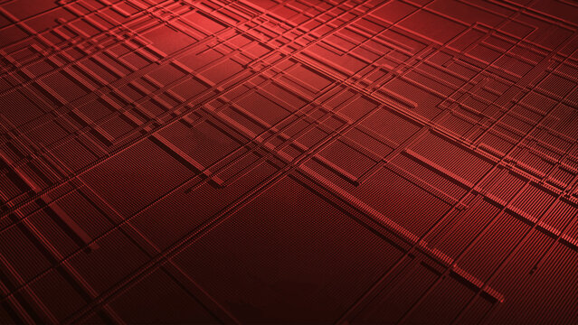 An abstract technological composition of glowing dots and lines forming a complex digital structure. The vibrant geometric grid conveys the atmosphere of high technology, digital systems, and virtual