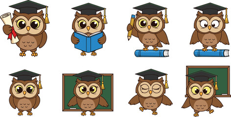 Obraz premium Cute graduation owl collection set with books diploma and classroom education cartoon vector illustration