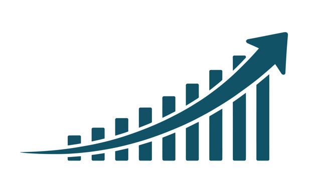 Teal bar graph with an upward trending arrow symbolizing growth and success.