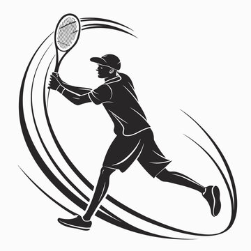 Dynamic silhouette of tennis player hitting forehand shot with speed lines