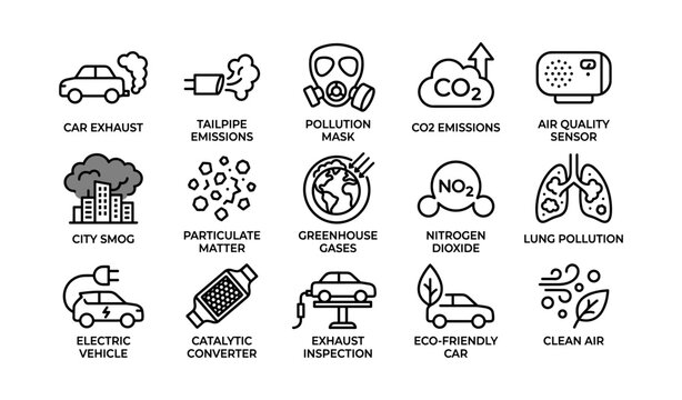 Air pollution and emissions icon set showing environmental themes