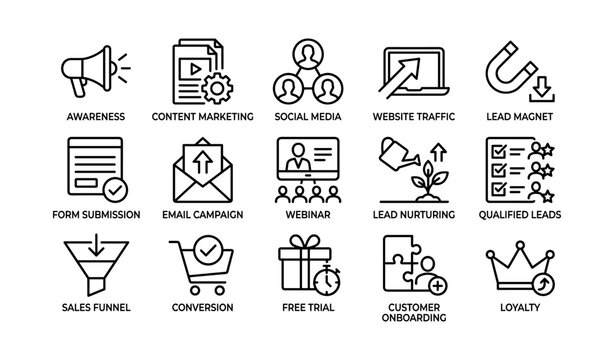 Lead generation icons showing funnel and channels on white background