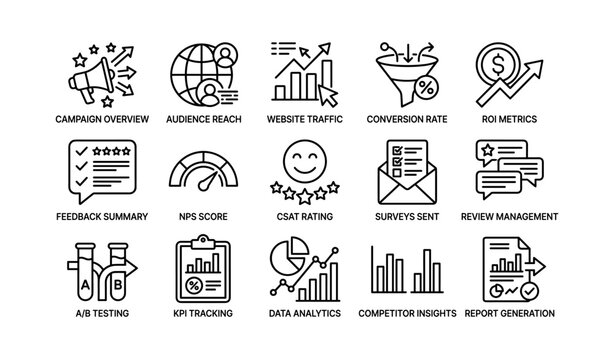 Marketing metrics icons showing reports on white background