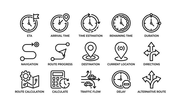 Navigation and time management icons representing route and eta