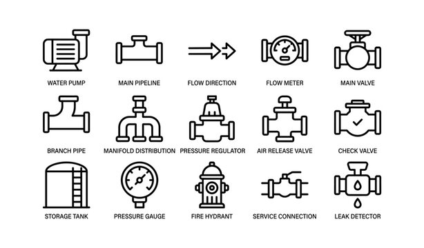 Water system icons showing pumps valves meters and pipeline components