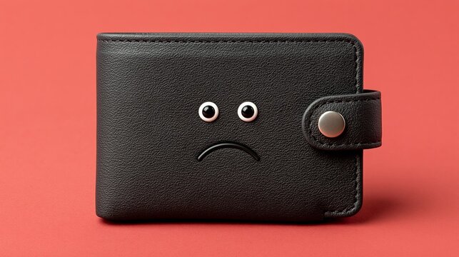 Black wallet with a sad face design featuring two eyes and a frown, placed on a vibrant red background for a striking visual contrast