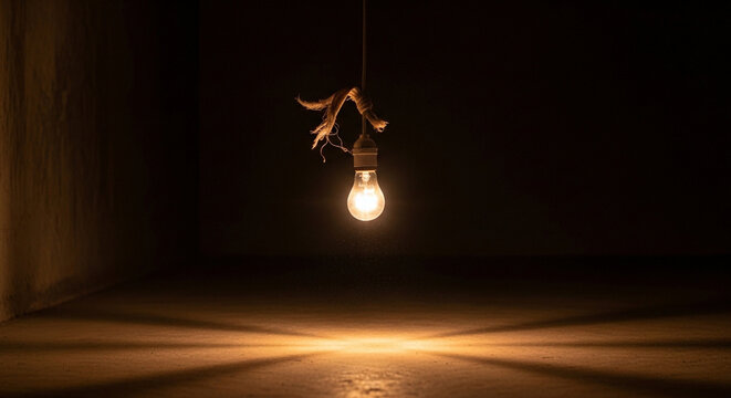 Single Hanging Light Bulb in Dark Room Minimal Concept